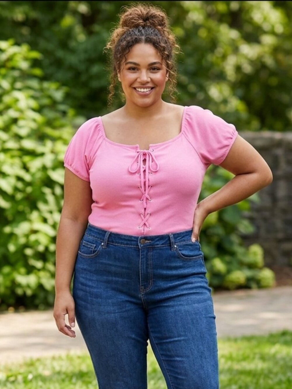 Women's 3X Coquette Pink Ribbed Knit Lace Up Front Square Neck Short Sleeve Top
